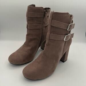 Christian Siriano taupe tan suede heel boots buckle zipper 9.5